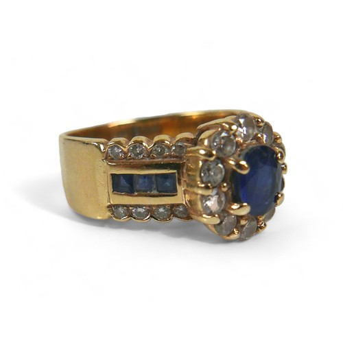 139 - A 14k gold, sapphire and diamond ring, the oval central blue sapphire surrounded by a flowerhead of ... 