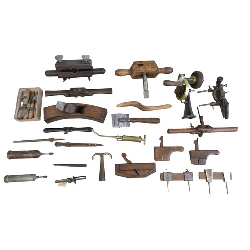 381 - A quantity of hand tools including moulding planes, drills, a shaving plane, welding set. (1 box)