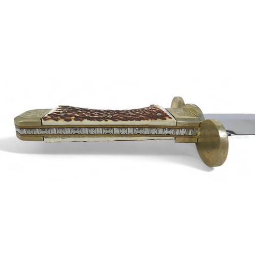 292 - A Stan Shaw hunting knife, with horn handle and fitted leather sheath, 48.5cm long.