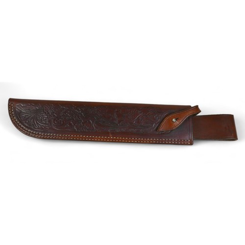 292 - A Stan Shaw hunting knife, with horn handle and fitted leather sheath, 48.5cm long.