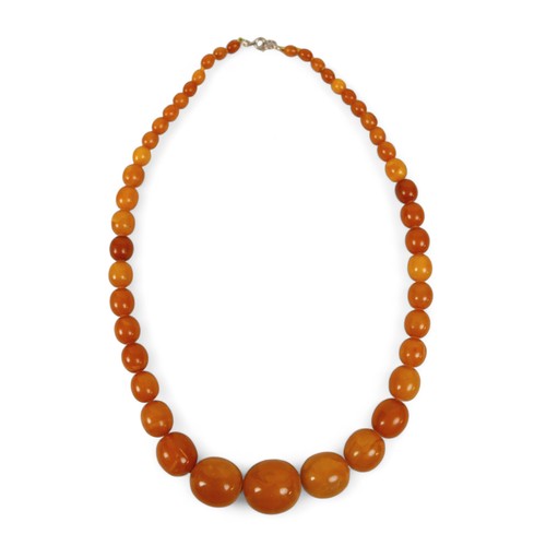 120 - A butterscotch amber bead necklace, with bolt ring clasp, of forty five graduating beads, largest be... 