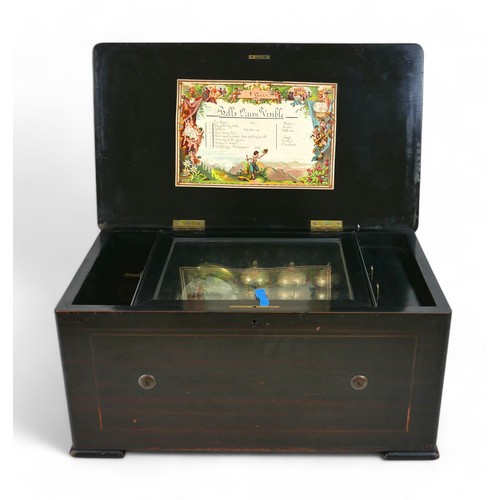 336 - A late 19th century rosewood cased music box, playing eights airs and striking on six bells and a dr... 