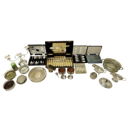 370 - A group of silver plate items including canteens of cutlery, serving dishes, a comport, a pair of ta... 