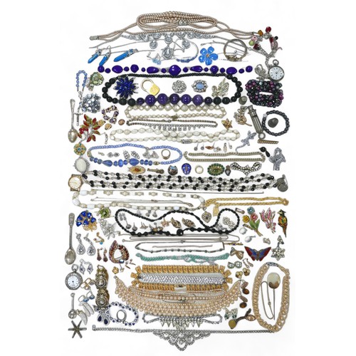 71 - A collection of costume jewellery, including two silver cased fob watches, 2.7toz gross, various syn... 