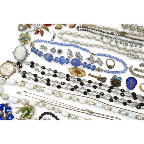 71 - A collection of costume jewellery, including two silver cased fob watches, 2.7toz gross, various syn... 