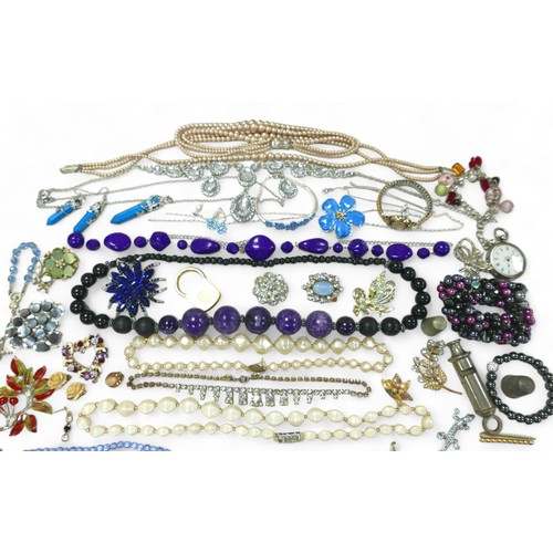 71 - A collection of costume jewellery, including two silver cased fob watches, 2.7toz gross, various syn... 