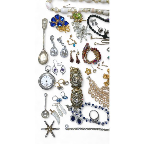 71 - A collection of costume jewellery, including two silver cased fob watches, 2.7toz gross, various syn... 