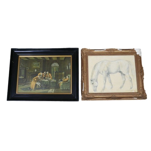 402 - After Alfred James Munnings (British, 1878-1959): a print of a horse in a gilt frame and hunting pri... 