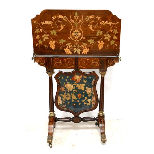 A rare and high quality Victorian folding card table with fire screen, circa 1870, rosewood with profuse floral and scrolling foliate inlay, the table folding upright when closed with brass turned knobs to hold in place, stamped 'J. Newland', and then can be used as fire screen with the panel below, flanked by two fluted columns with cast brass capitals, raised on cabriole feet with scroll foliate ends and brass castors, 73 by 48 by 77cm high (111cm high when folded).