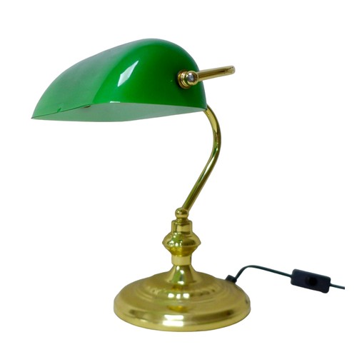 389 - A modern brass bankers desk lamp, with green glass shade, 26 by 26 by 33cm high.