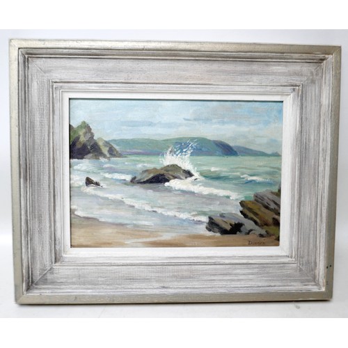 226 - Gladys Denman: Welsh coast, of a beach scene with waves, signed lower right, oil on board, framed, 4... 