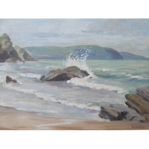 226 - Gladys Denman: Welsh coast, of a beach scene with waves, signed lower right, oil on board, framed, 4... 