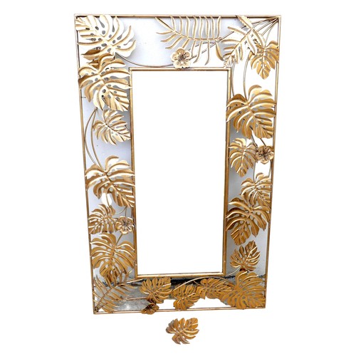 282 - A modern brass effect mirror with cheese plant leaf border, rectangular, 80 by 132cm high.