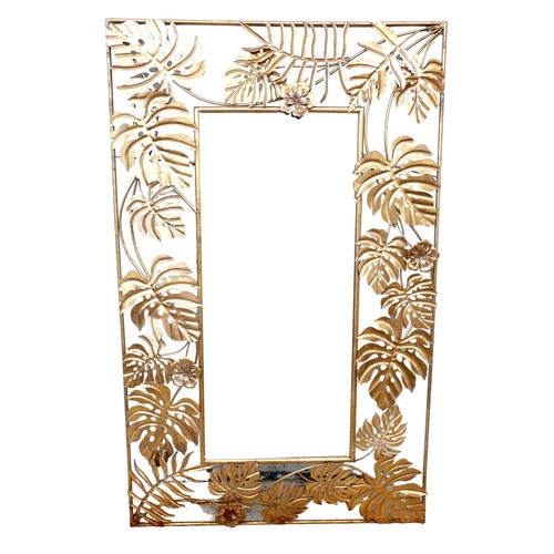 295 - A modern brass effect mirror, with cheese plant leaf border, rectangular, 80 by 132cm high.