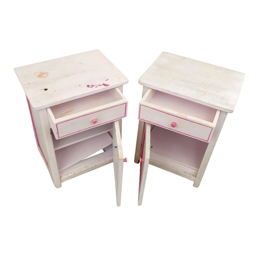 278 - A pair of painted pine bedside cabinets, white with pink detail, each 50 by 38 by 65.5cm high. (2)