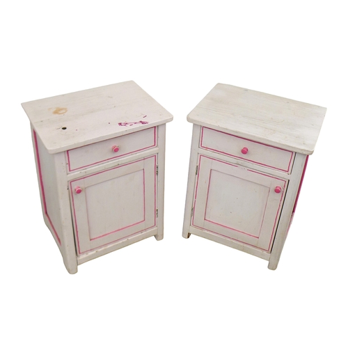 278 - A pair of painted pine bedside cabinets, white with pink detail, each 50 by 38 by 65.5cm high. (2)