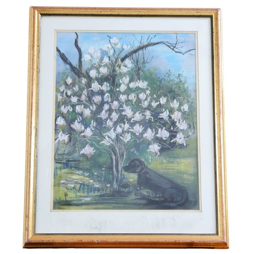 223 - Eva Aldbrook (German, 1925-2019): 'Sotto L'Albero', depicting a dog sitting beneath a magnolia tree,... 