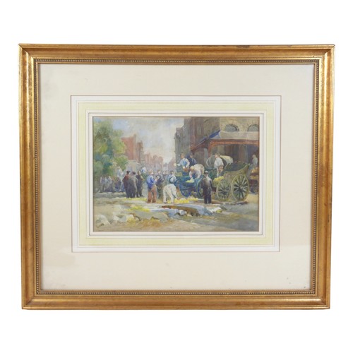 225 - A 19th century watercolour, 'The Fruit Market', depicting a continental market place with carts and ... 