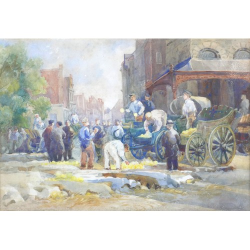 225 - A 19th century watercolour, 'The Fruit Market', depicting a continental market place with carts and ... 