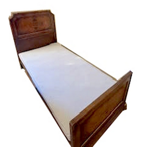 292 - An Art Deco style single bed, walnut veneered with foliate gilt highlights, stamped BMC, together wi... 