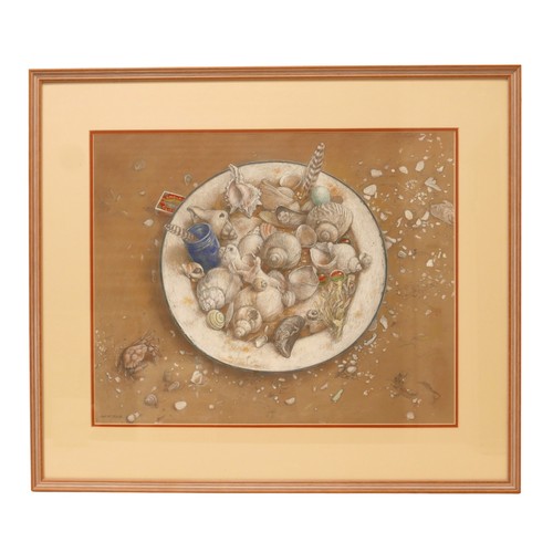 236 - Barry Kirk (b. 1923): 'Finders Keepers', depicting a plate of seashells, signed lower left, oil on c... 