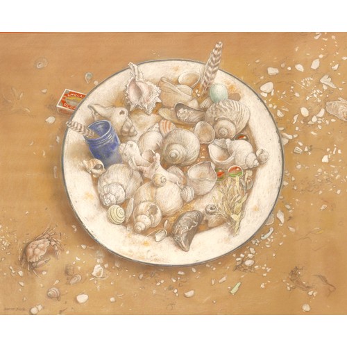 236 - Barry Kirk (b. 1923): 'Finders Keepers', depicting a plate of seashells, signed lower left, oil on c... 