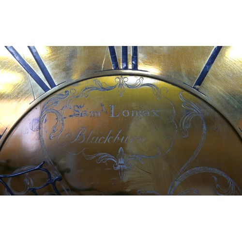 339 - An 18th century mahogany long case clock, by Samuel Lomax of Blackburn, engraved brass dial,  Roman ... 