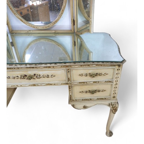 302 - A French 18th century style five drawer dressing table, with a triptych mirror, table measures 110 b... 