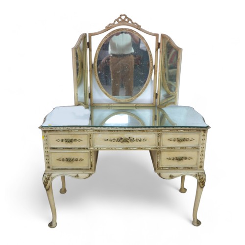 302 - A French 18th century style five drawer dressing table, with a triptych mirror, table measures 110 b... 