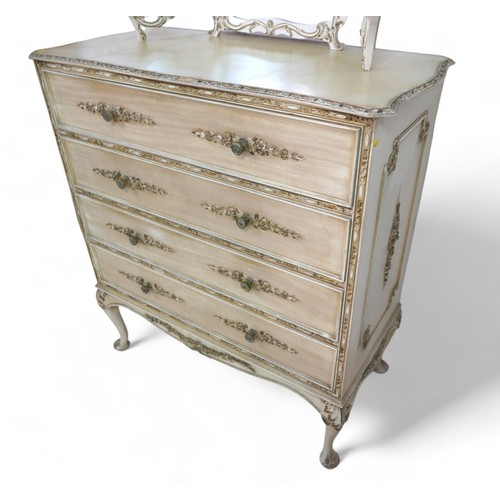 334 - A French style chateau four drawer chest, standing on cabriole legs, 95 by 47 by 107cm high, with a ... 