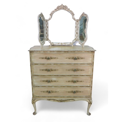 334 - A French style chateau four drawer chest, standing on cabriole legs, 95 by 47 by 107cm high, with a ... 