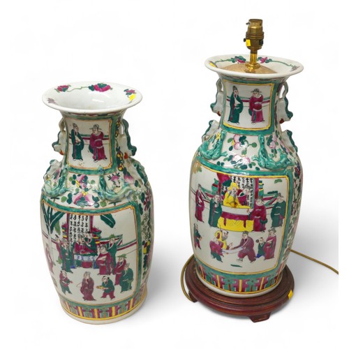 111 - A pair of Chinese Canton porcelain vases, both with drill hole lamp conversion, larger with fittings... 