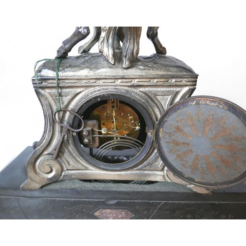 174 - A late Victorian spelter mantel clock, with a black marble base surmounted by Marly type horse group... 