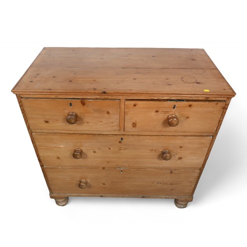 346 - A Victorian stripped pine four drawer chest on turned legs, 97 by 51 by 100cm high.