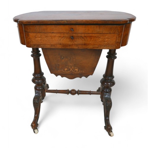 345 - A Victorian burr walnut inlaid work box writing table, with a lift up top above a drawer and basket ... 