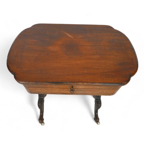 345 - A Victorian burr walnut inlaid work box writing table, with a lift up top above a drawer and basket ... 