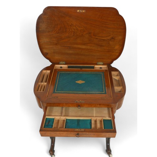 345 - A Victorian burr walnut inlaid work box writing table, with a lift up top above a drawer and basket ... 