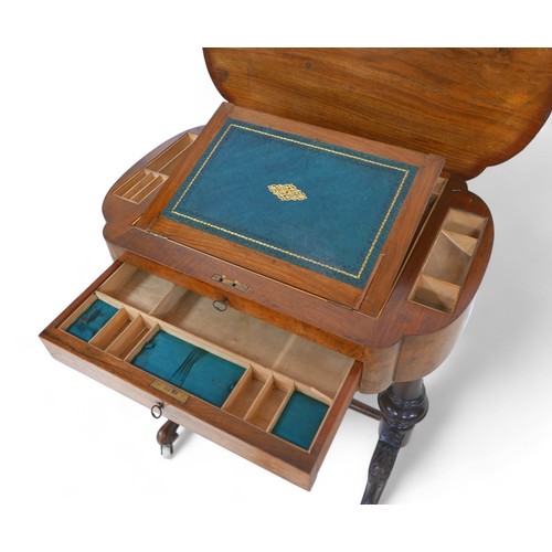 345 - A Victorian burr walnut inlaid work box writing table, with a lift up top above a drawer and basket ... 