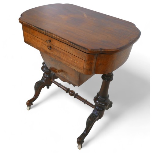 345 - A Victorian burr walnut inlaid work box writing table, with a lift up top above a drawer and basket ... 