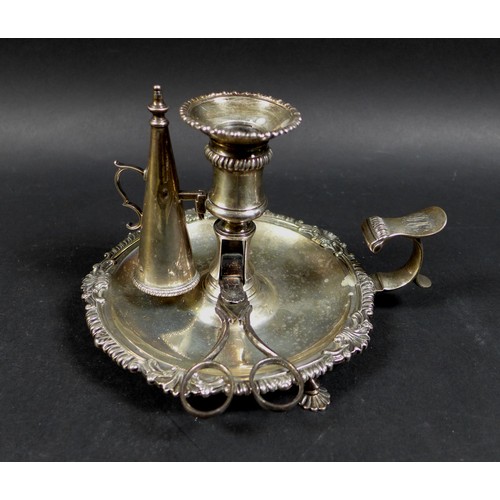 30 - A George III silver chamberstick, with applied rim, conical snuffer and replacement plated scissor s... 