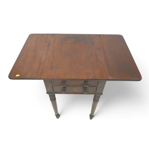 323 - A Victorian mahogany drop leaf work table, with two drawers on turned legs, 43 by 51 by 72cm high.