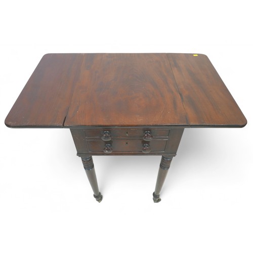 323 - A Victorian mahogany drop leaf work table, with two drawers on turned legs, 43 by 51 by 72cm high.