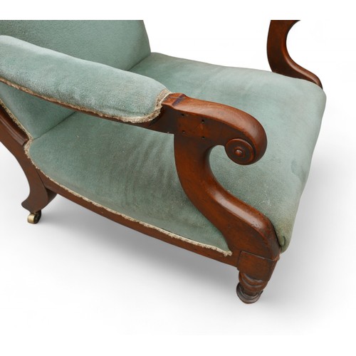 314 - A William lV mahogany scroll arm library chair, on inverted tulip front legs, 68 by 80 by 102 high.