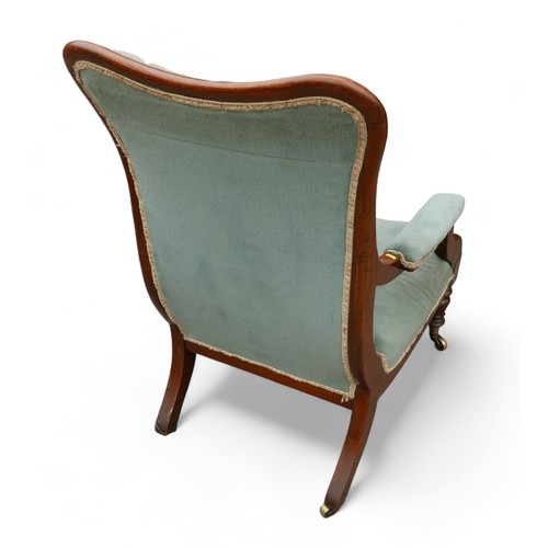 314 - A William lV mahogany scroll arm library chair, on inverted tulip front legs, 68 by 80 by 102 high.