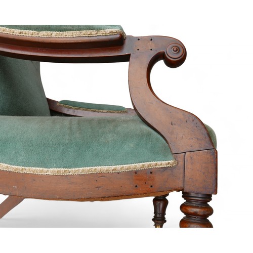 314 - A William lV mahogany scroll arm library chair, on inverted tulip front legs, 68 by 80 by 102 high.