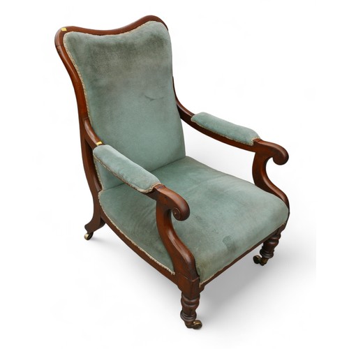 314 - A William lV mahogany scroll arm library chair, on inverted tulip front legs, 68 by 80 by 102 high.