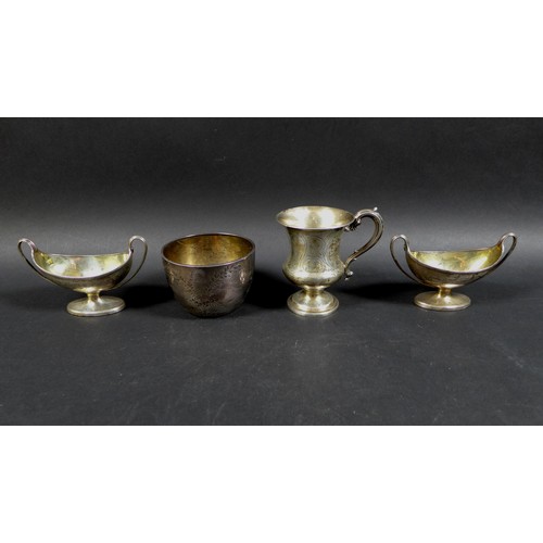 34 - A group of George III and later silver items, comprising a pair of boat shaped salts, with reeded hi... 