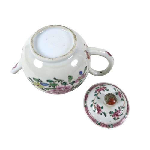 108 - An 18th/19th century famille rose Chinese teapot, a tea bowl and saucer and a single saucer,  teapot... 