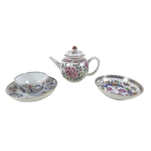 108 - An 18th/19th century famille rose Chinese teapot, a tea bowl and saucer and a single saucer,  teapot... 