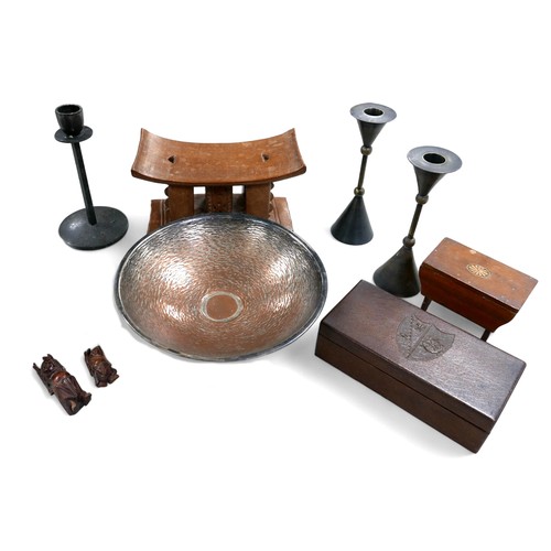 187 - An eclectic group of collectables, including candle sticks, a copper bowl, an Ashanti stool and two ... 